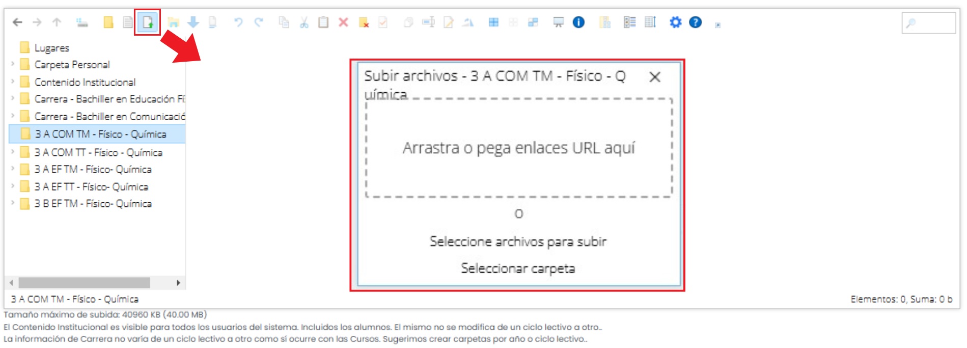 ¿Cómo gestiono archivos institucionales y de cursada? — Subir un archivo